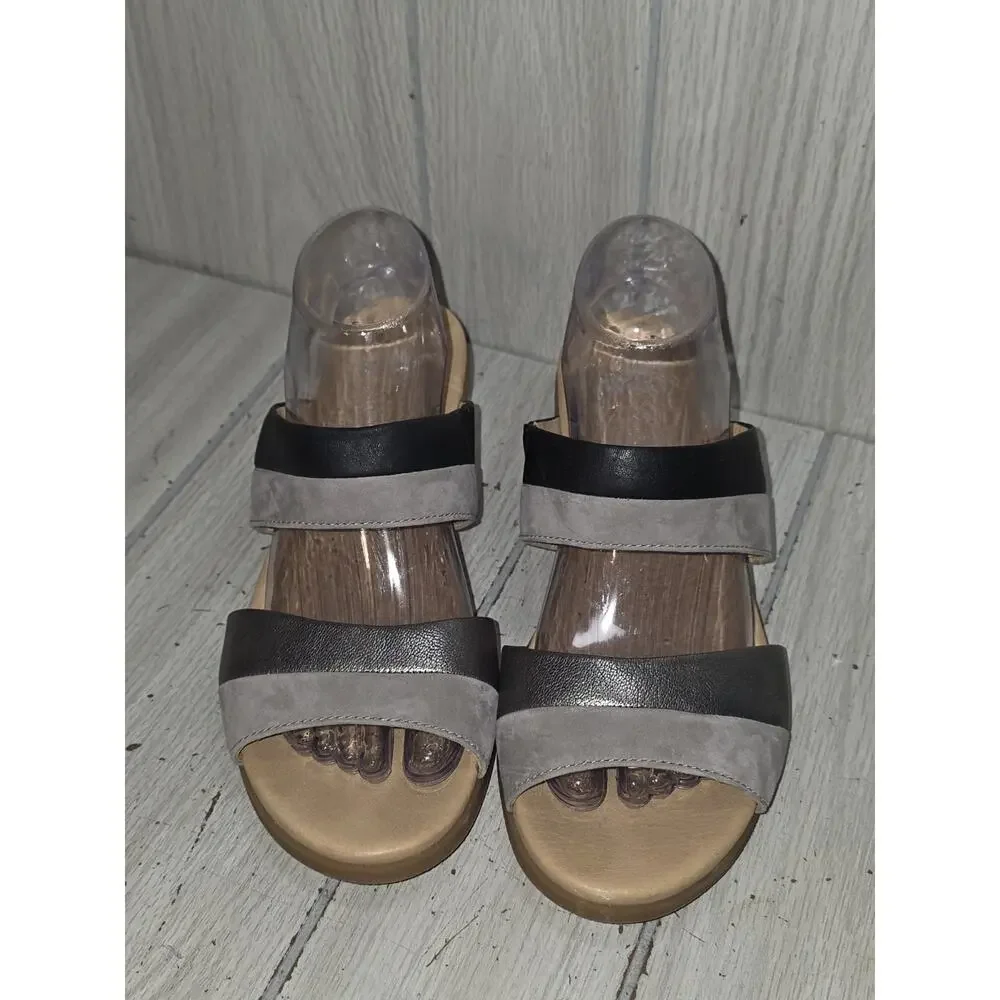 Dansko Theresa Slide Sandals Gray Black Leather Block Heel Shoes US 9 Boho
